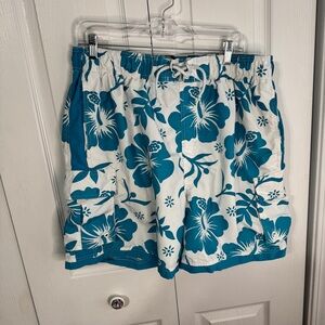 Faded Glory blue white Hawaiian floral swim‎ trunks size large